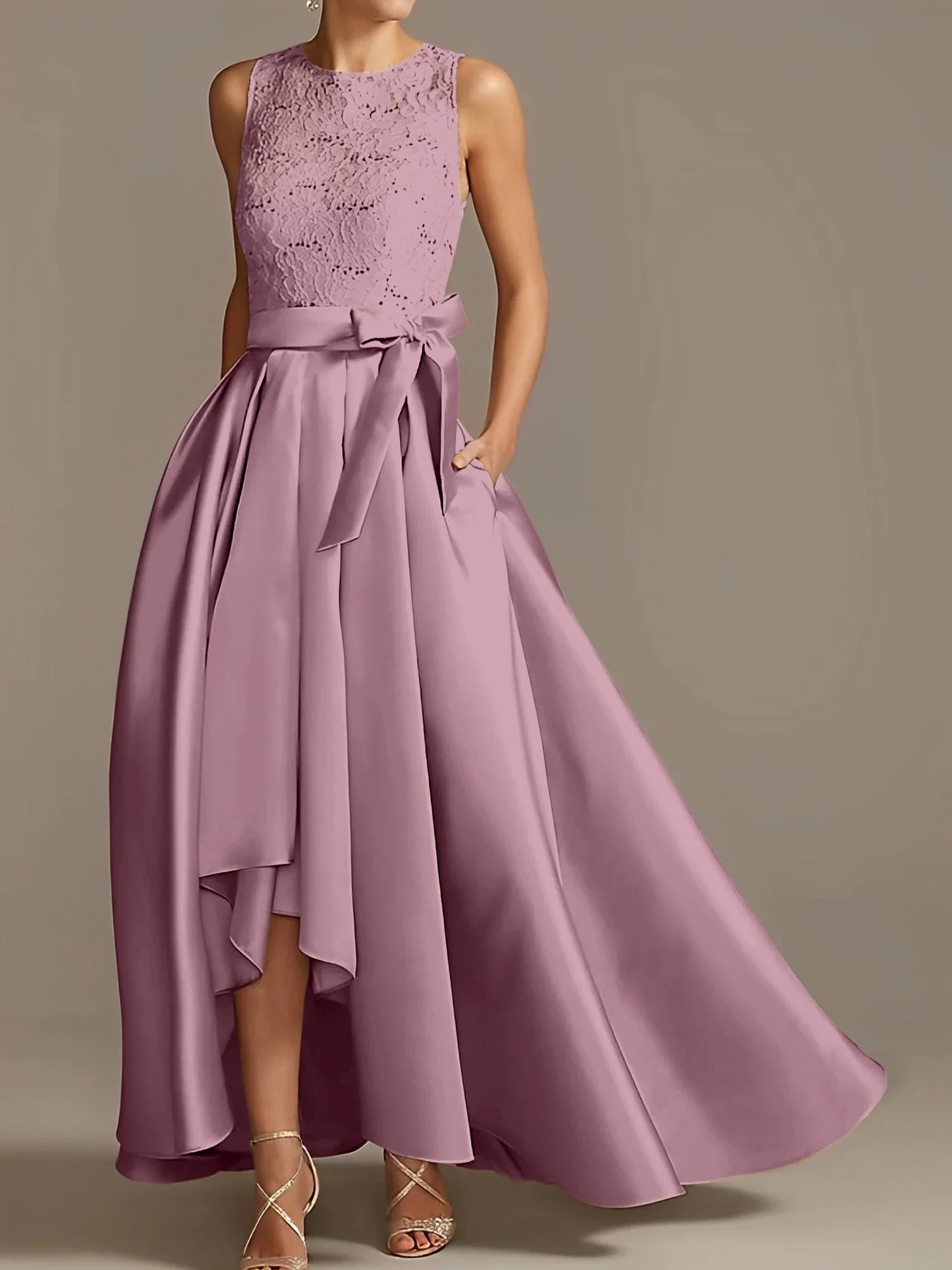 A-line/Princess collar sleeveless pleated lace mother of the bride dress