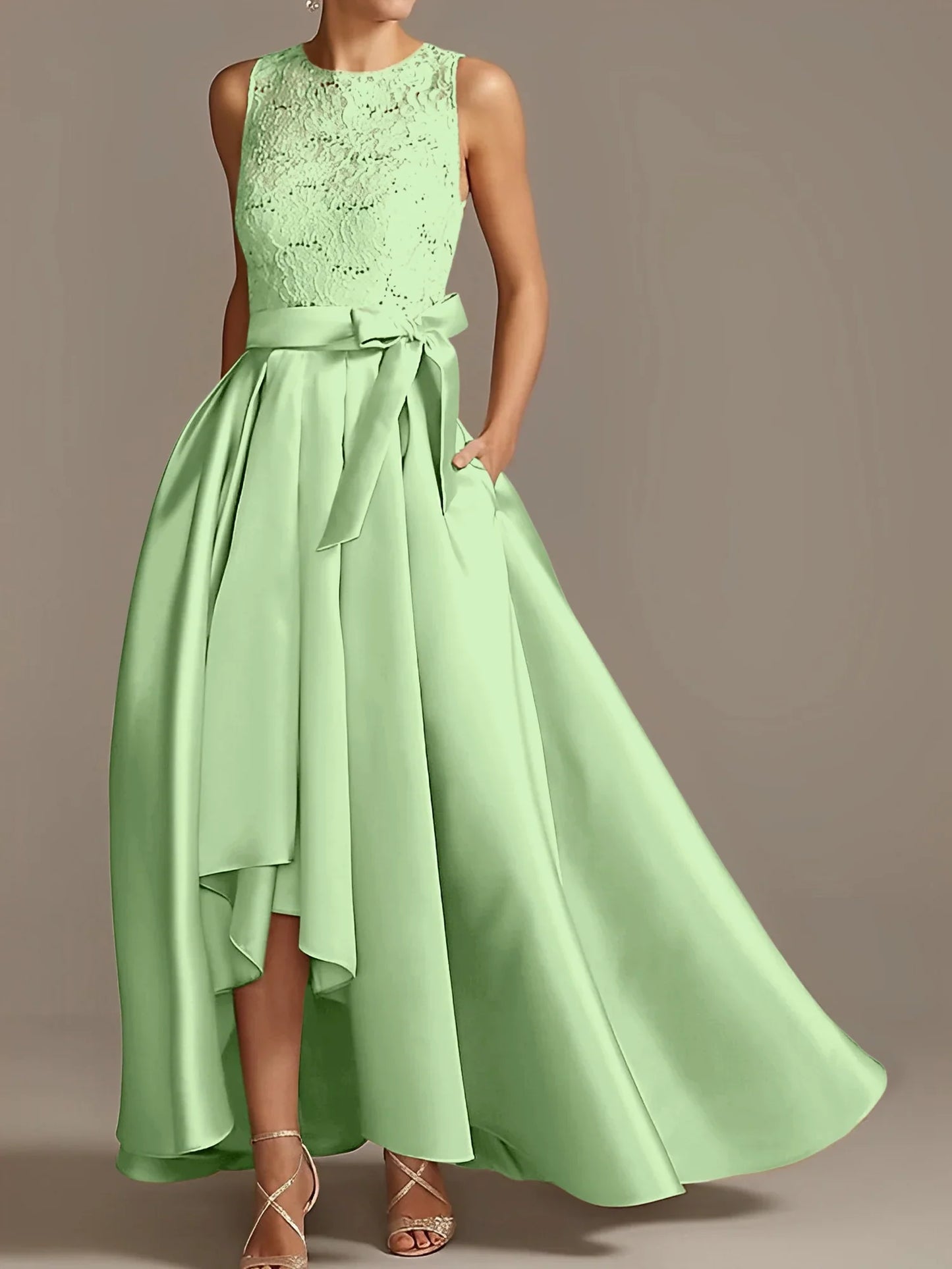 A-line/Princess collar sleeveless pleated lace mother of the bride dress