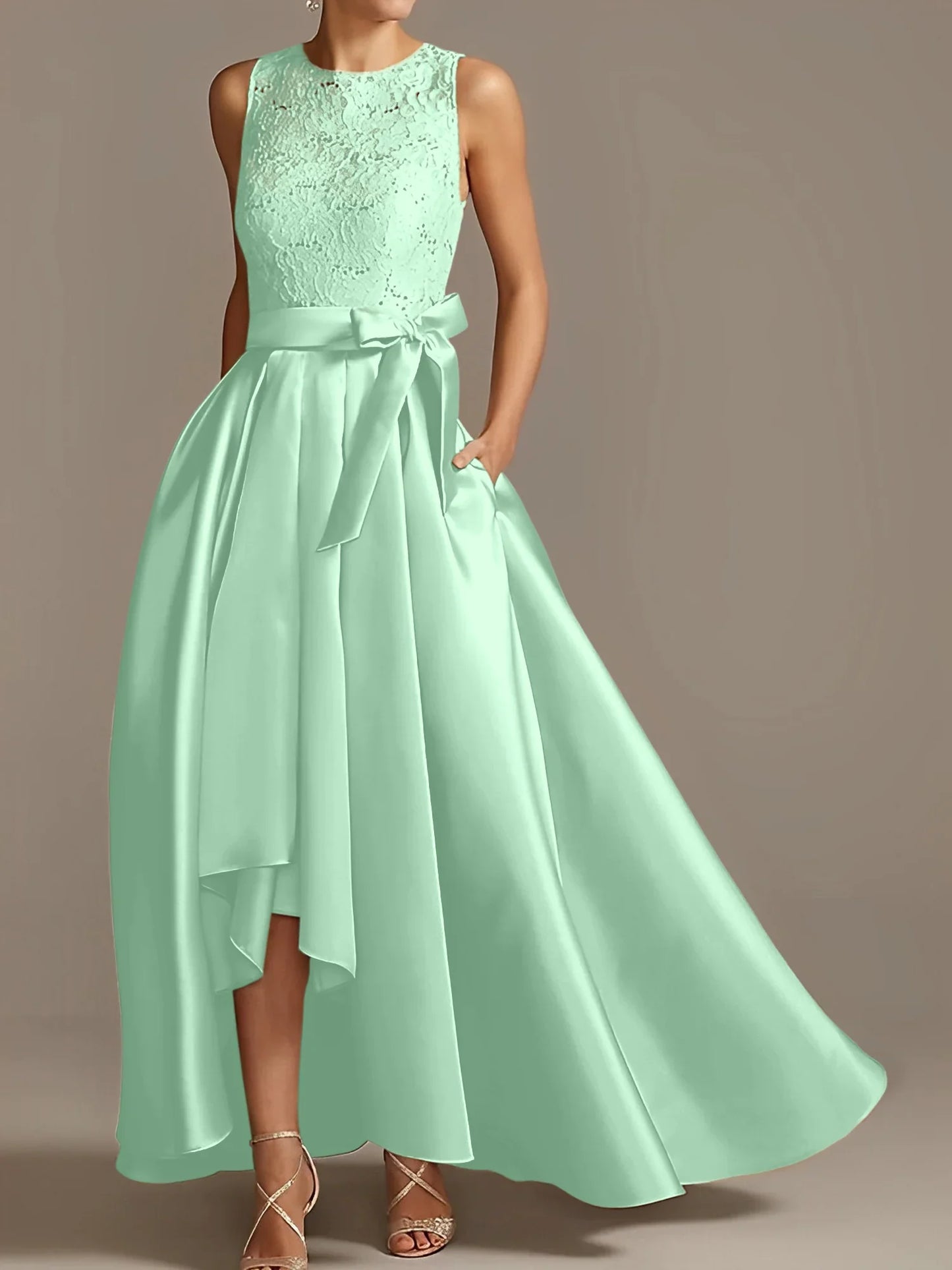 A-line/Princess collar sleeveless pleated lace mother of the bride dress