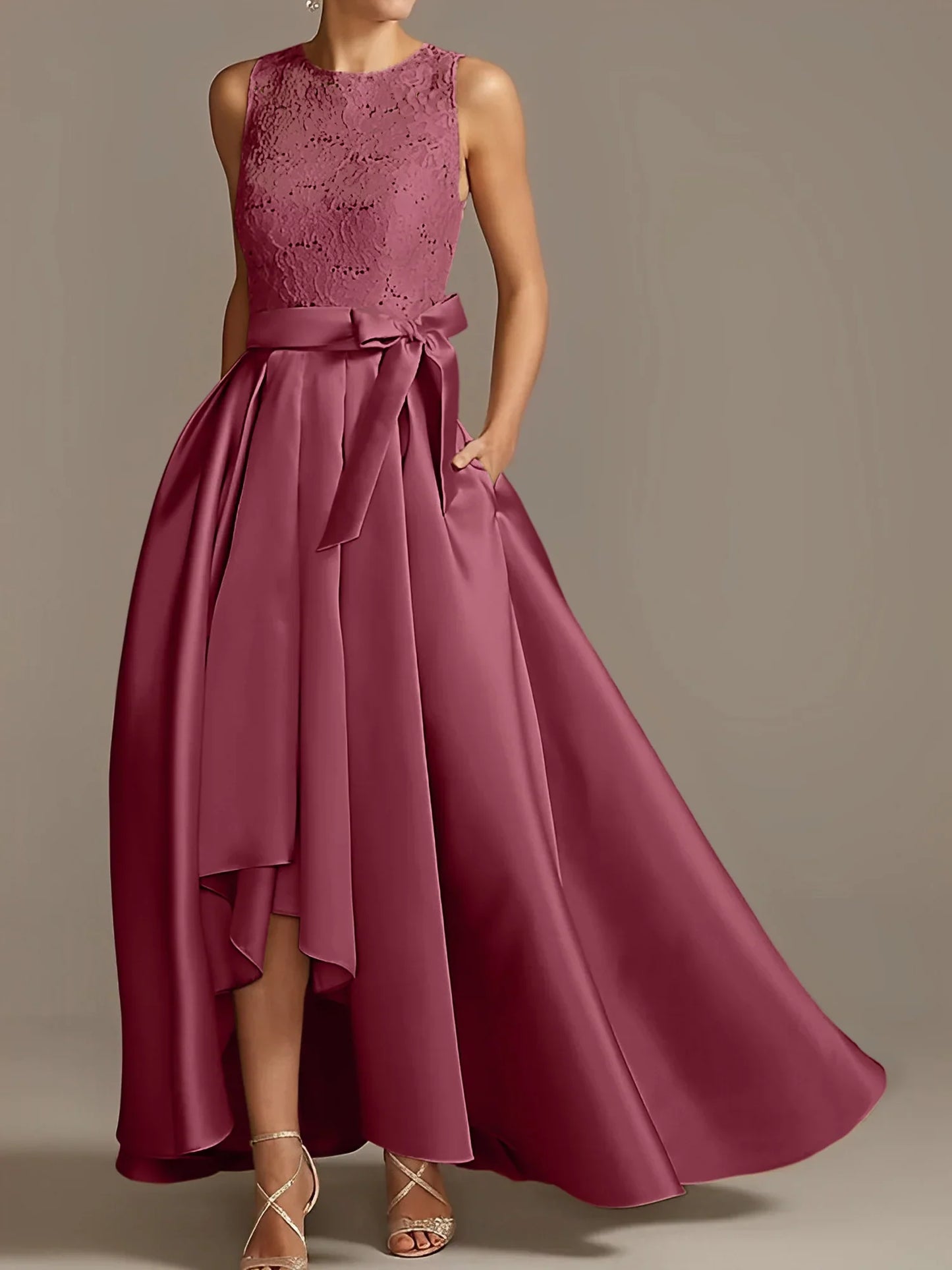 A-line/Princess collar sleeveless pleated lace mother of the bride dress