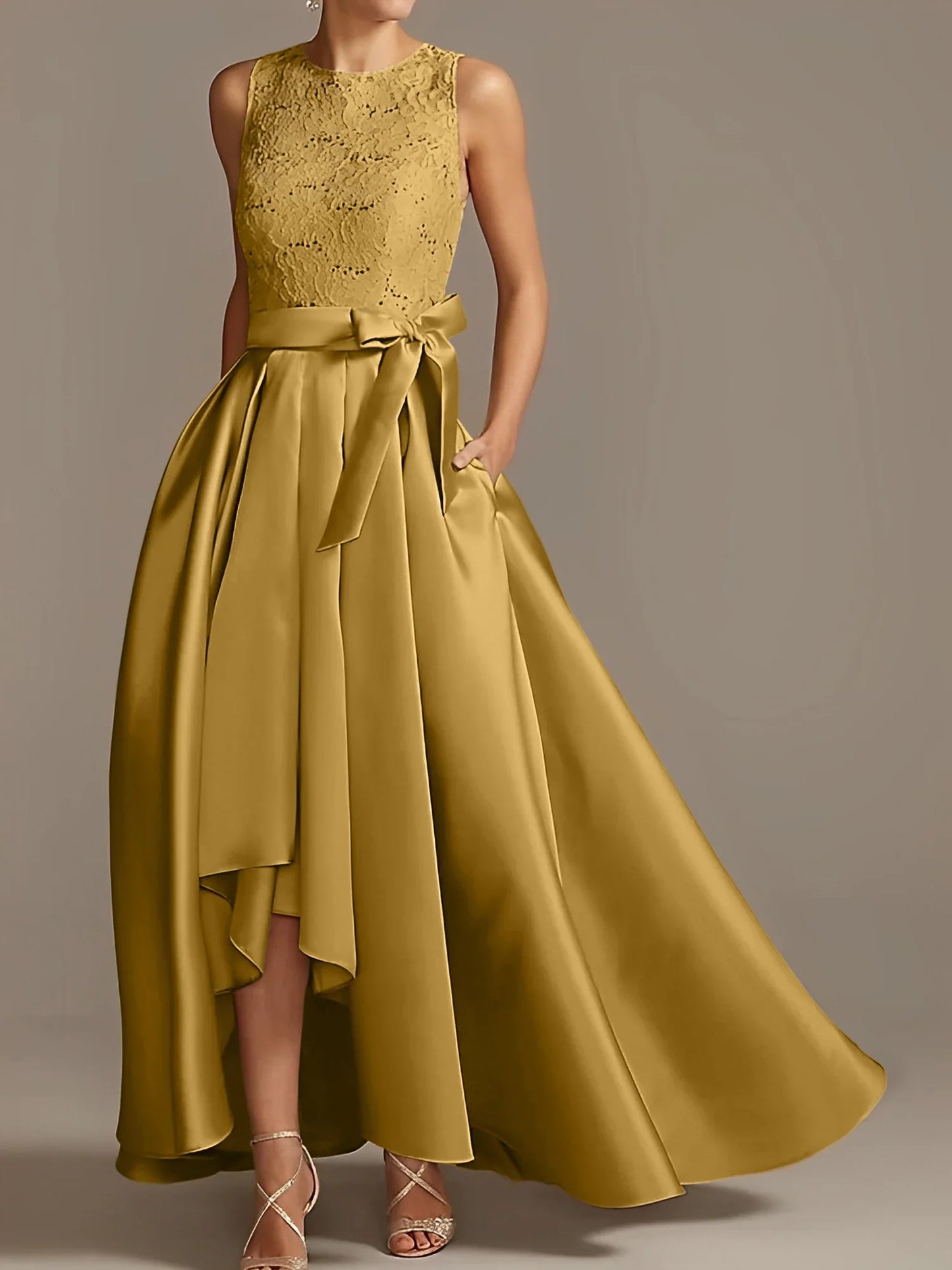 A-line/Princess collar sleeveless pleated lace mother of the bride dress