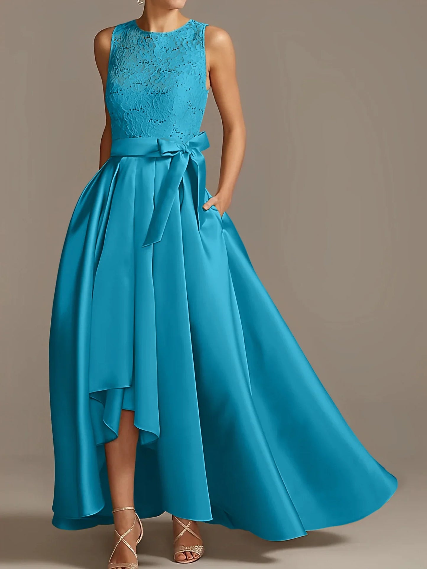 A-line/Princess collar sleeveless pleated lace mother of the bride dress
