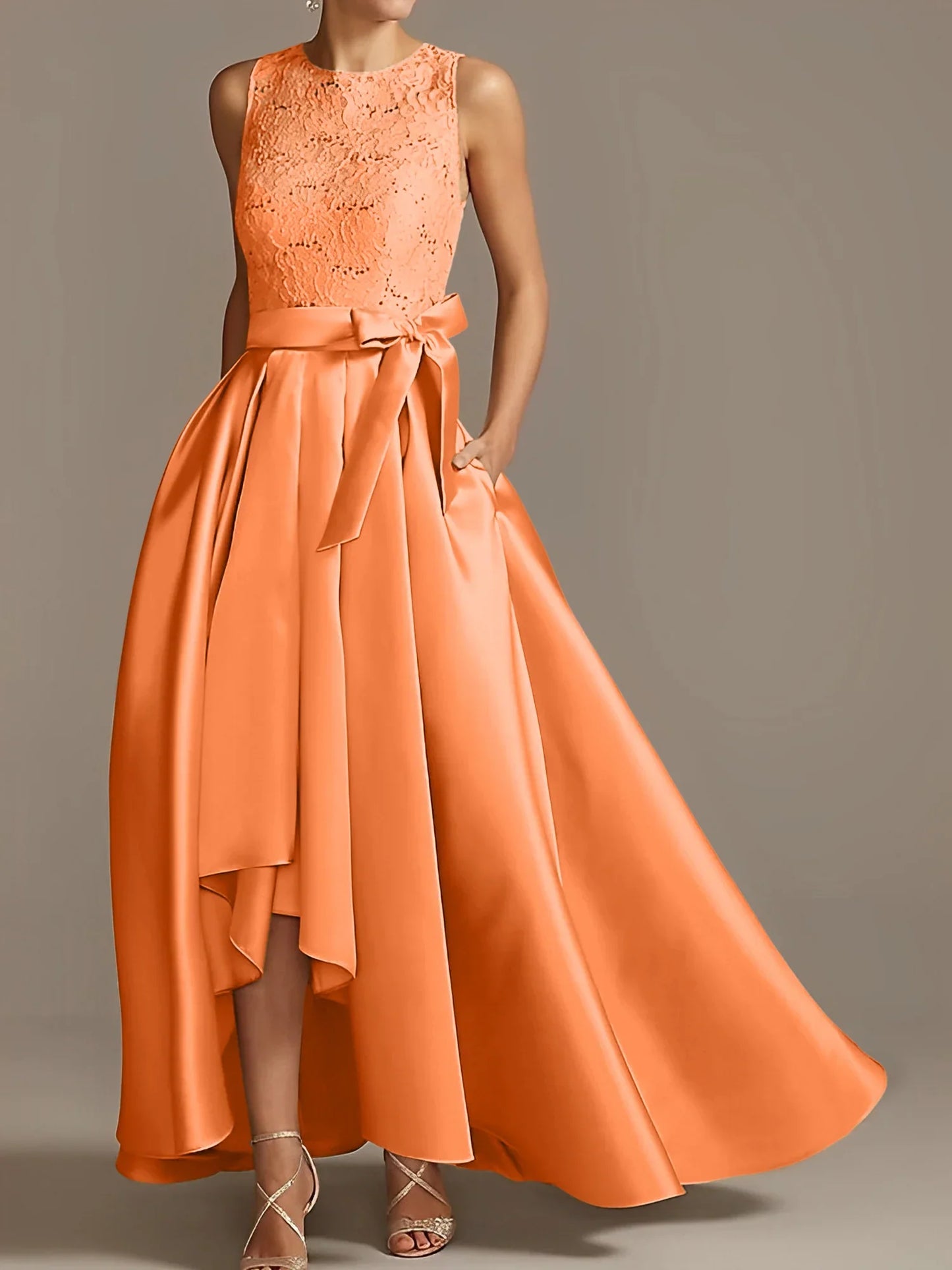 A-line/Princess collar sleeveless pleated lace mother of the bride dress