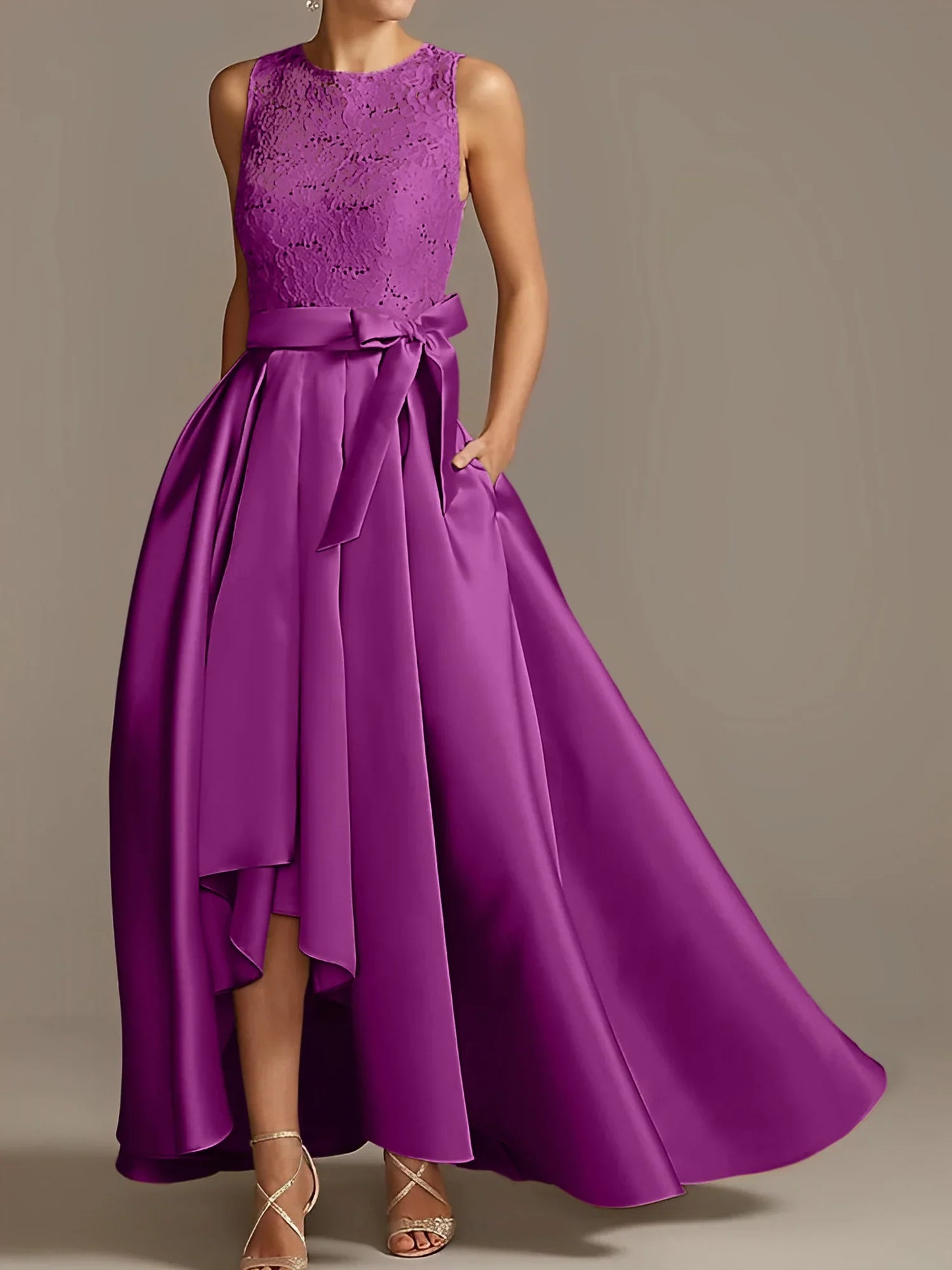 A-line/Princess collar sleeveless pleated lace mother of the bride dress
