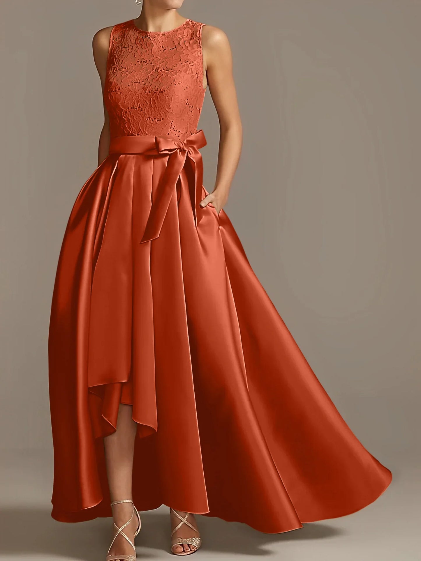 A-line/Princess collar sleeveless pleated lace mother of the bride dress