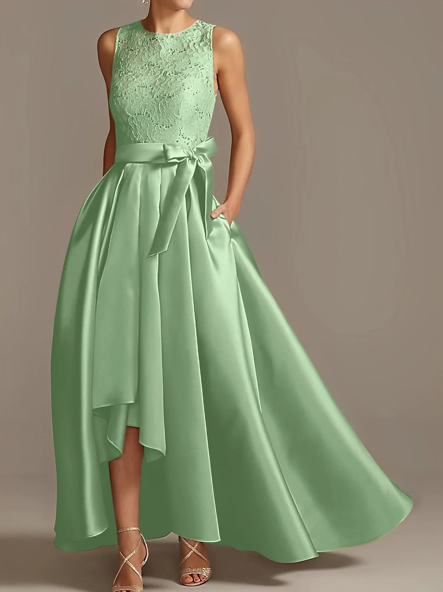 A-line/Princess collar sleeveless pleated lace mother of the bride dress