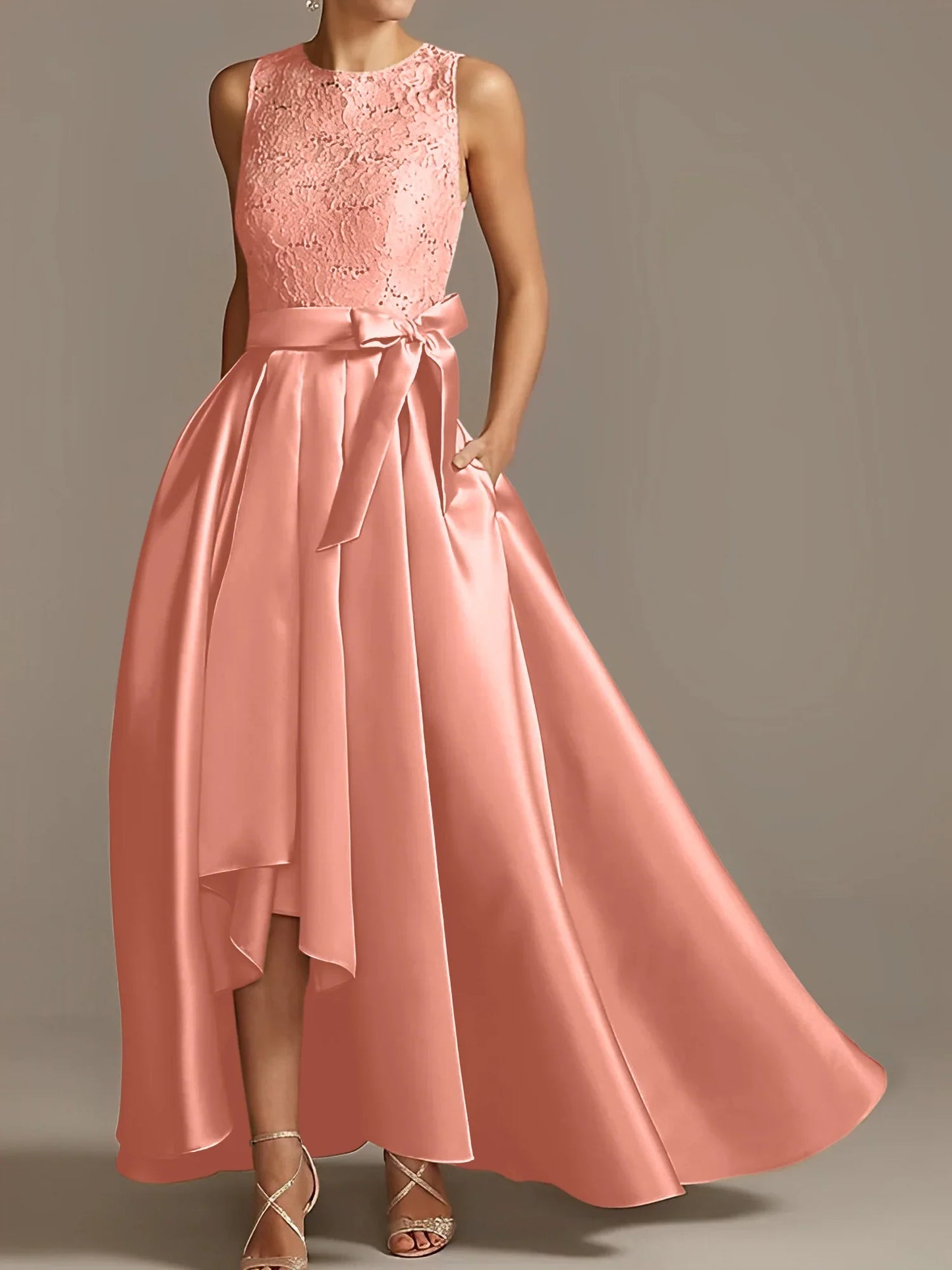 A-line/Princess collar sleeveless pleated lace mother of the bride dress