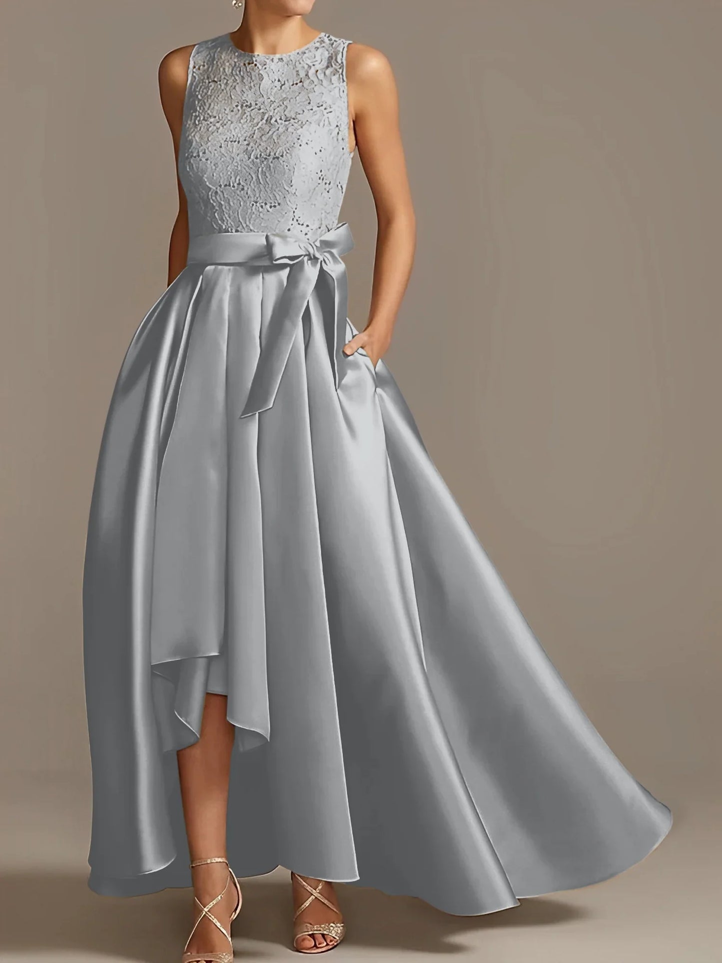 A-line/Princess collar sleeveless pleated lace mother of the bride dress