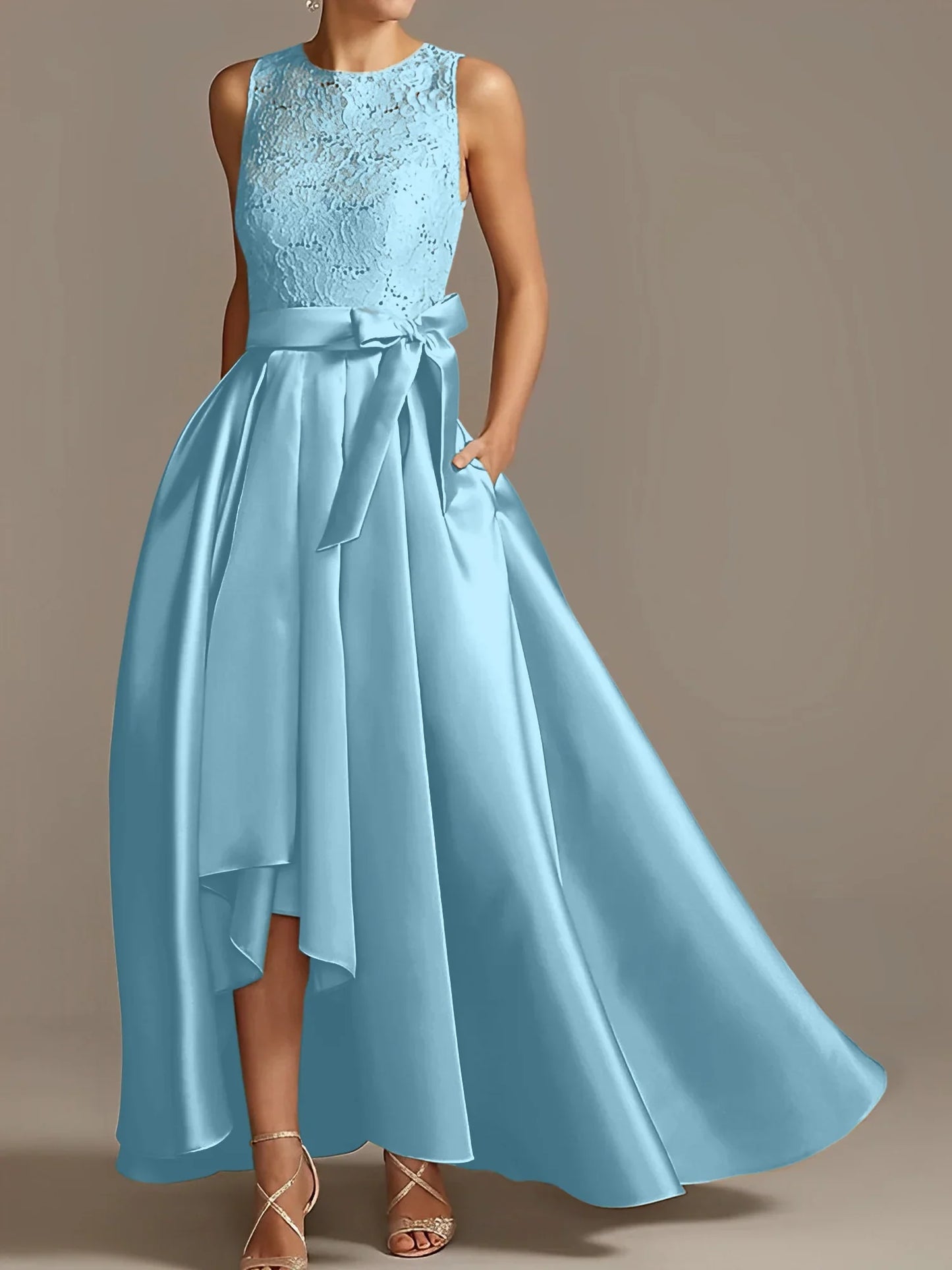 A-line/Princess collar sleeveless pleated lace mother of the bride dress