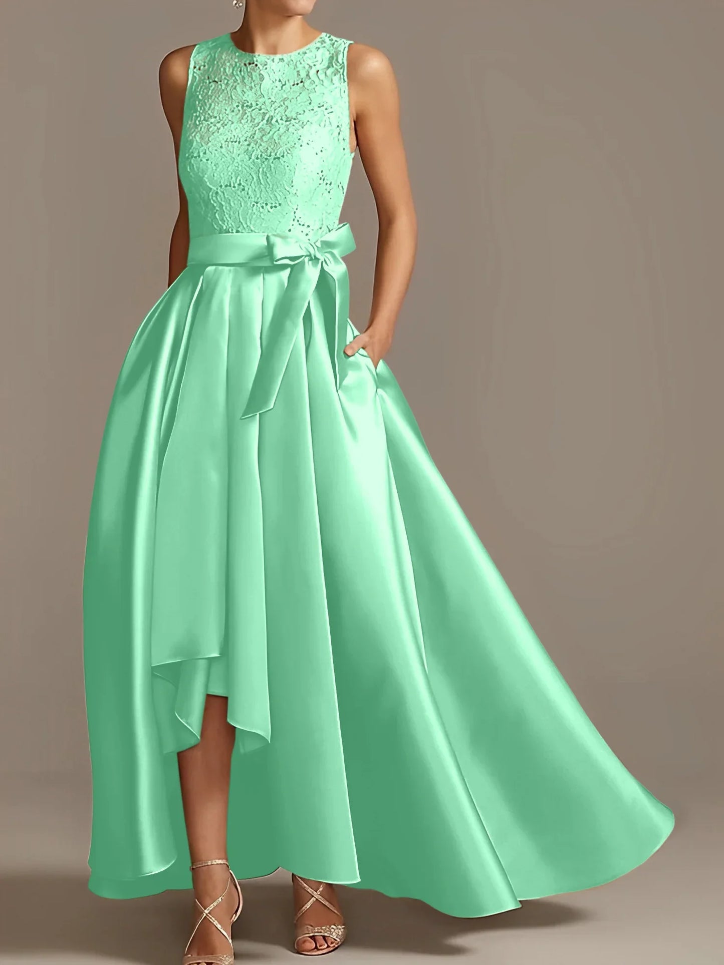 A-line/Princess collar sleeveless pleated lace mother of the bride dress
