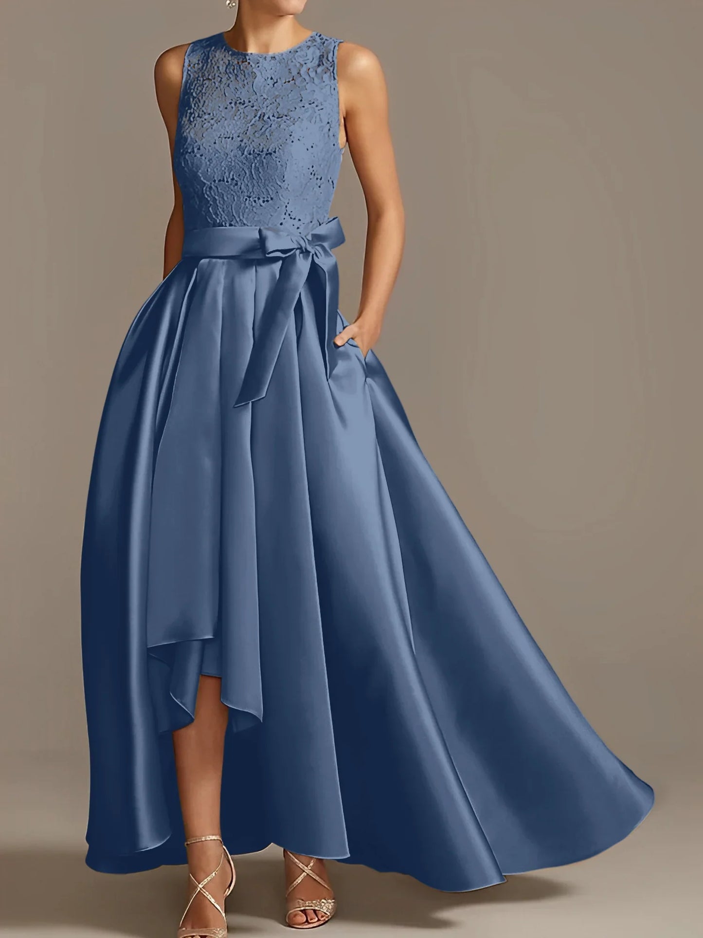 A-line/Princess collar sleeveless pleated lace mother of the bride dress