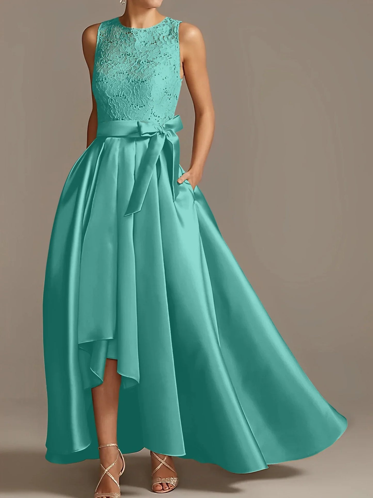 A-line/Princess collar sleeveless pleated lace mother of the bride dress