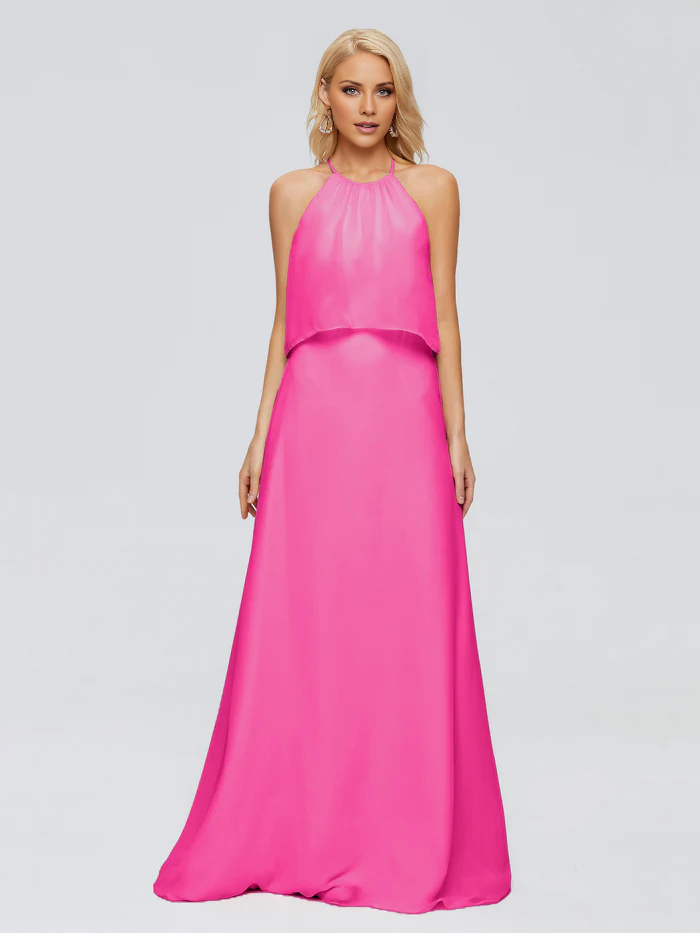 Post neck chiffon and floor length bridesmaid dress