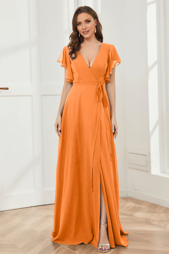 V-neck ruffled sleeve chiffon slit and floor length bridesmaid dress