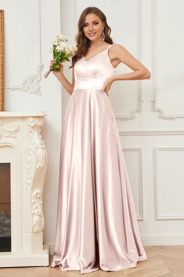 Thin shoulder strap V-neck soft satin and floor length bridesmaid dress