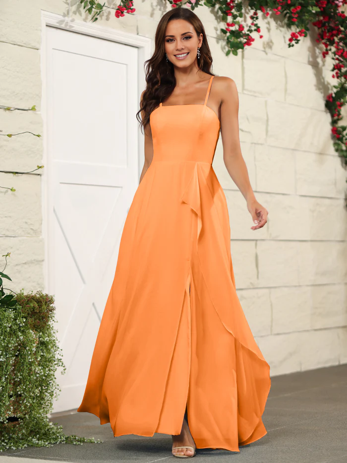 Beautiful chiffon thin shoulder strap and floor length bridesmaid dress