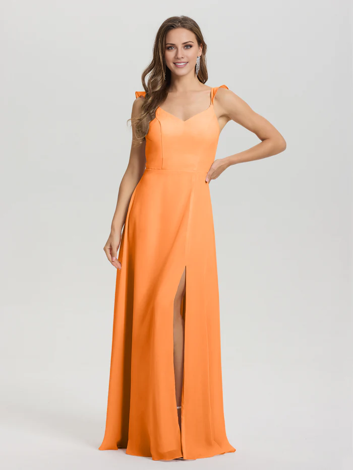 V-neck shoulder strap tied chiffon slit and floor length bridesmaid dress
