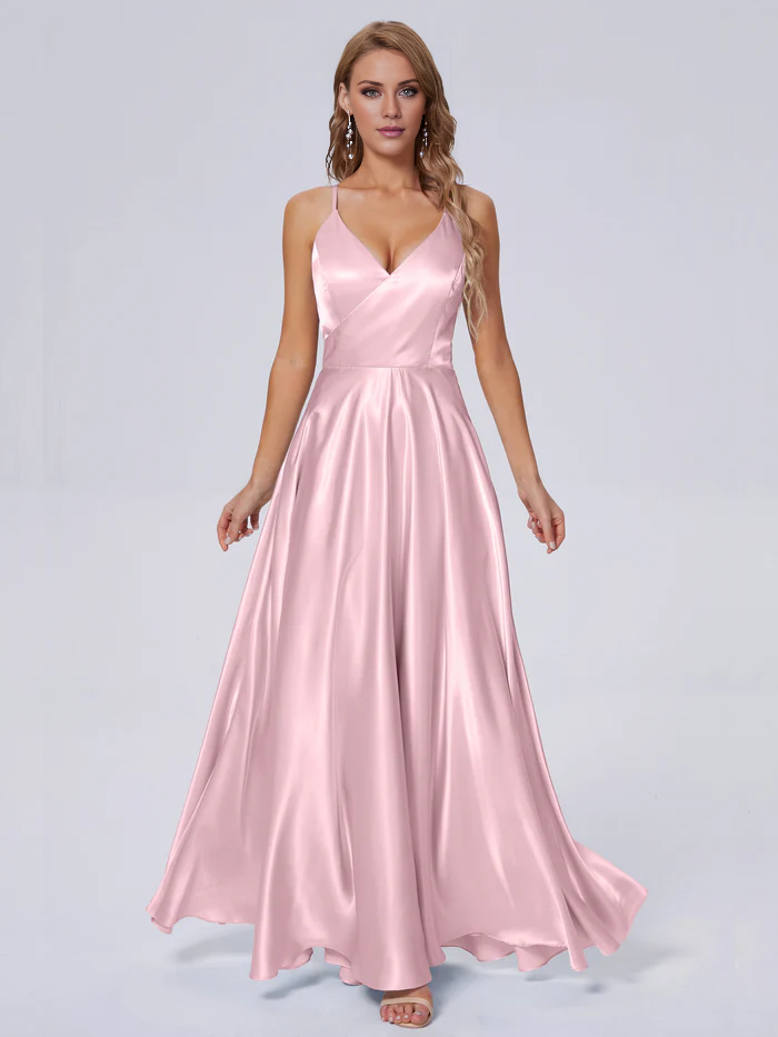 Elegant shoulder strap soft satin and floor length bridesmaid dress