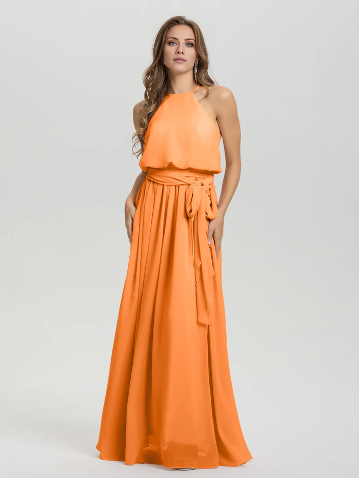 Hanging neck low round neck sleeveless chiffon and floor length Bridesmaid dresses
