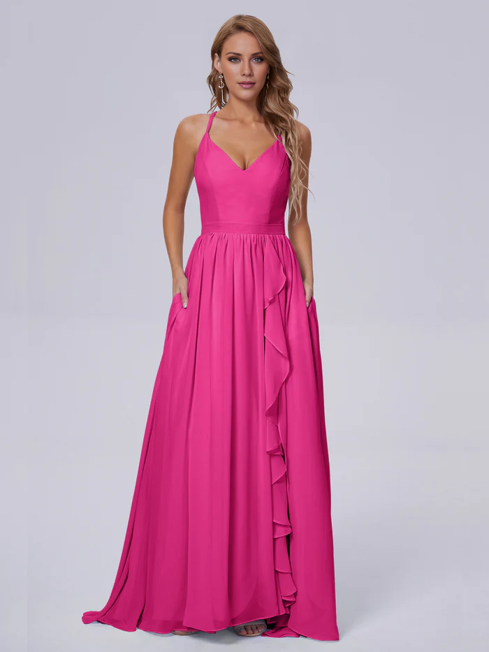 Elegant shoulder strap chiffon and floor length bridesmaid dress