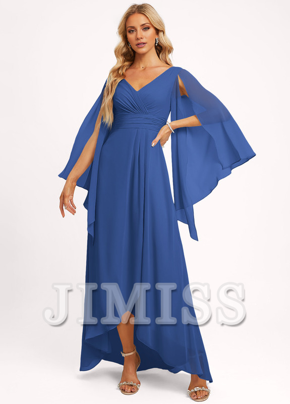 Ruffled A-line V-neck Asymmetric Chiffon Bridesmaids Dress
