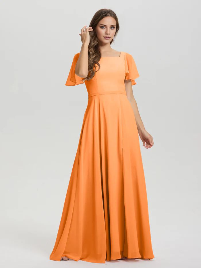 A-line square collar ruffled short sleeved and ground chiffon/ground length bridesmaid dress