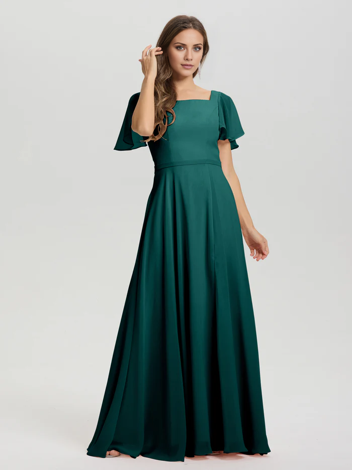 A-line square collar ruffled short sleeved and ground chiffon/ground length bridesmaid dress