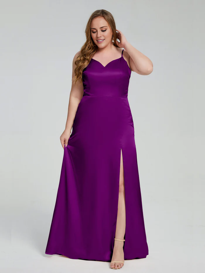 Split plus size soft satin and floor length bridesmaid dress