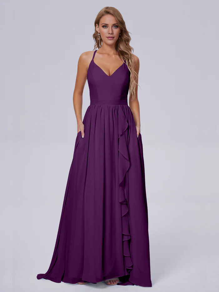 Elegant shoulder strap chiffon and floor length bridesmaid dress