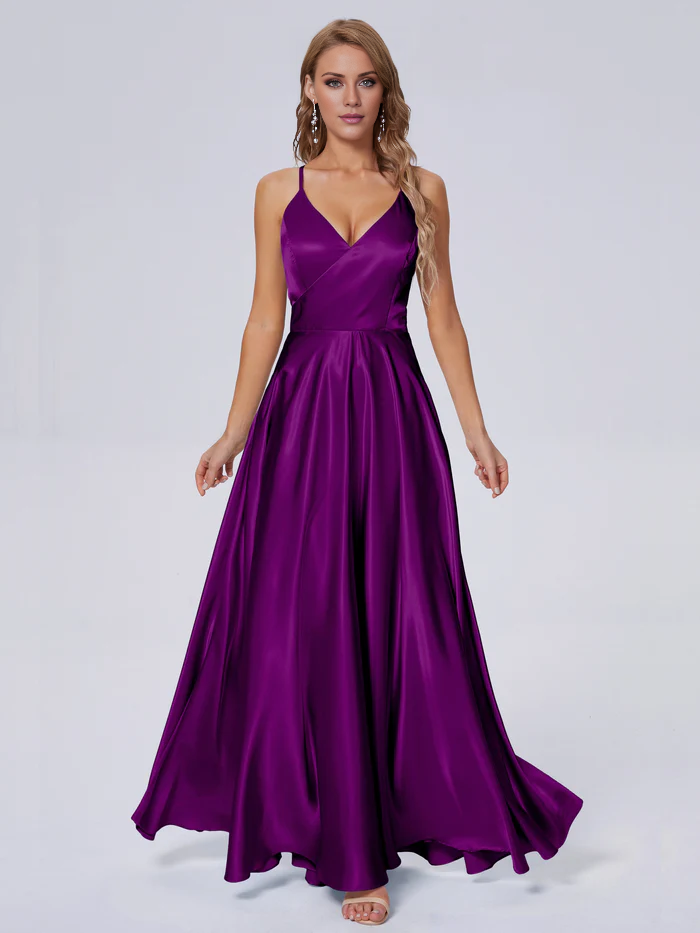 Elegant shoulder strap soft satin and floor length bridesmaid dress