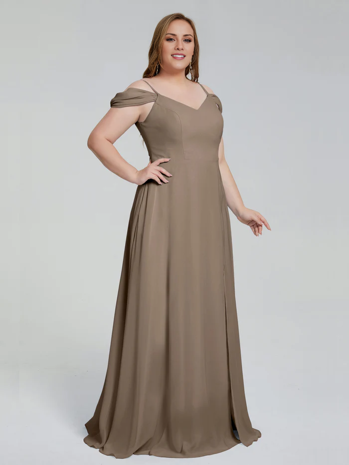 Thin shoulder strap plus size and floor length bridesmaid dress