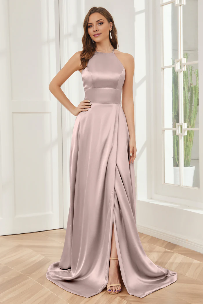Column neck hanging soft satin and floor length bridesmaid dress