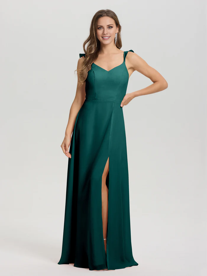V-neck shoulder strap tied chiffon slit and floor length bridesmaid dress