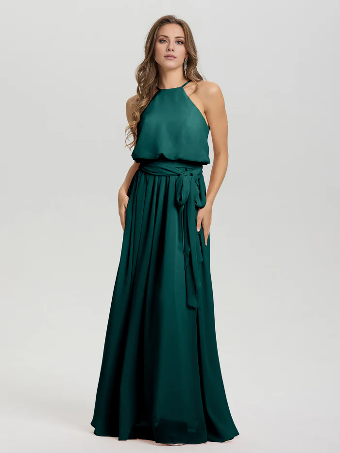 Hanging neck low round neck sleeveless chiffon and floor length Bridesmaid dresses