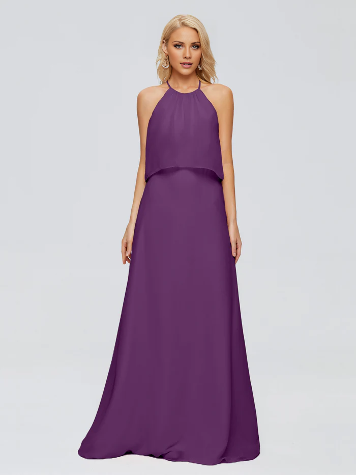 Post neck chiffon and floor length bridesmaid dress