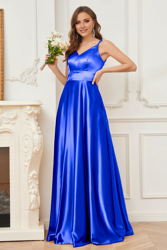 Thin shoulder strap V-neck soft satin and floor length bridesmaid dress