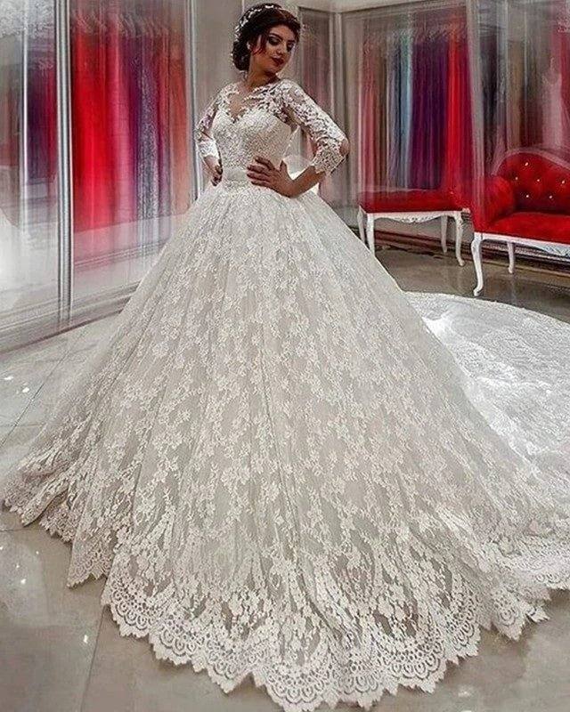Modest 3/4 Sleeves Ball Gowns Lace Wedding Dresses - RongMoon
