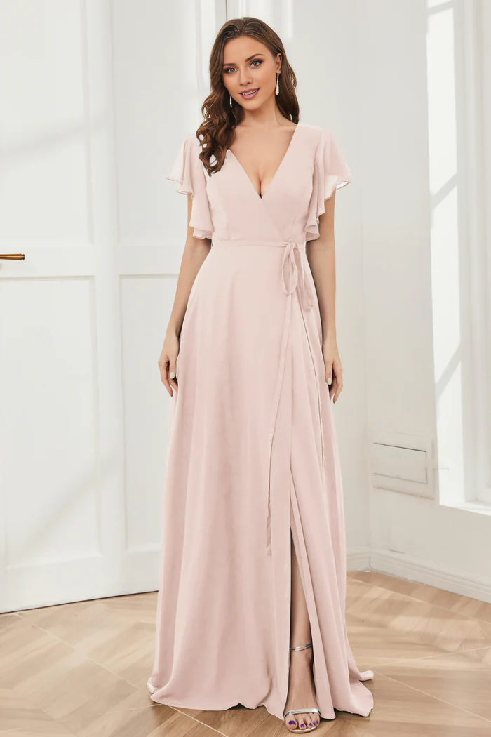 V-neck ruffled sleeve chiffon slit and floor length bridesmaid dress