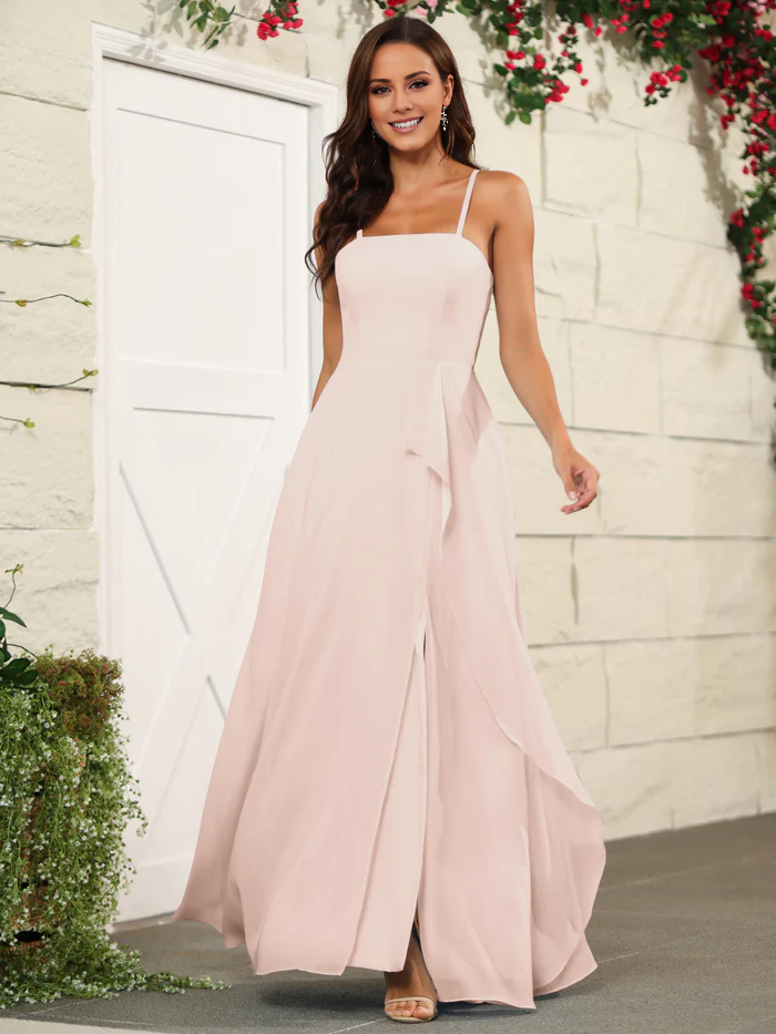 Beautiful chiffon thin shoulder strap and floor length bridesmaid dress