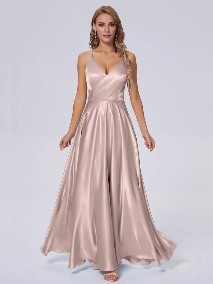 Elegant shoulder strap soft satin and floor length bridesmaid dress