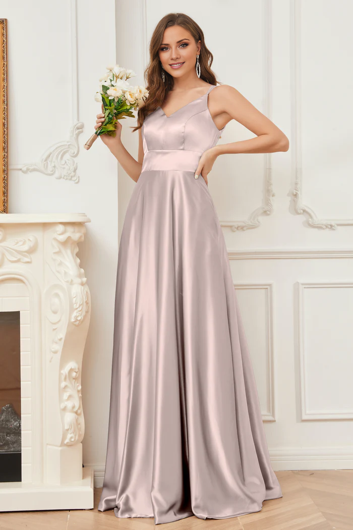 Thin shoulder strap V-neck soft satin and floor length bridesmaid dress