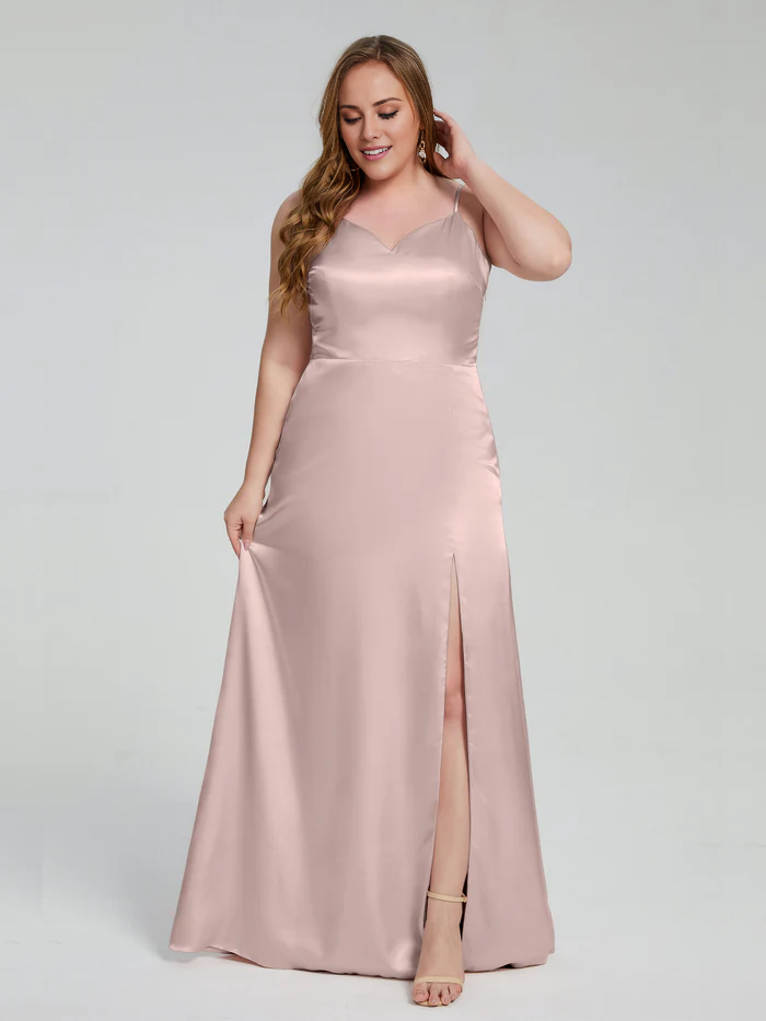 Split plus size soft satin and floor length bridesmaid dress