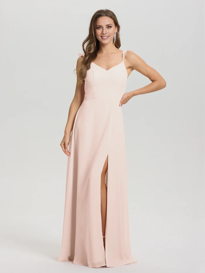 V-neck shoulder strap tied chiffon slit and floor length bridesmaid dress