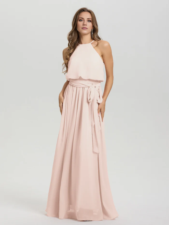 Hanging neck low round neck sleeveless chiffon and floor length Bridesmaid dresses
