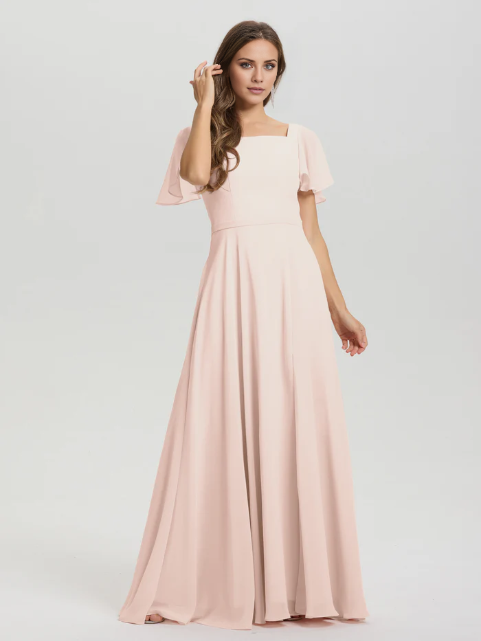 A-line square collar ruffled short sleeved and ground chiffon/ground length bridesmaid dress