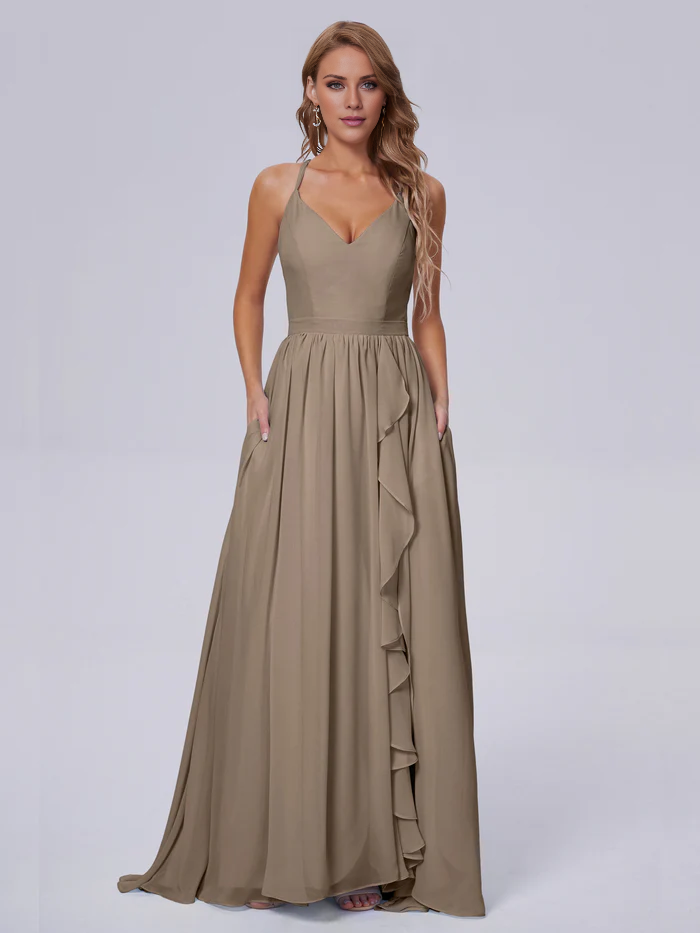Elegant shoulder strap chiffon and floor length bridesmaid dress