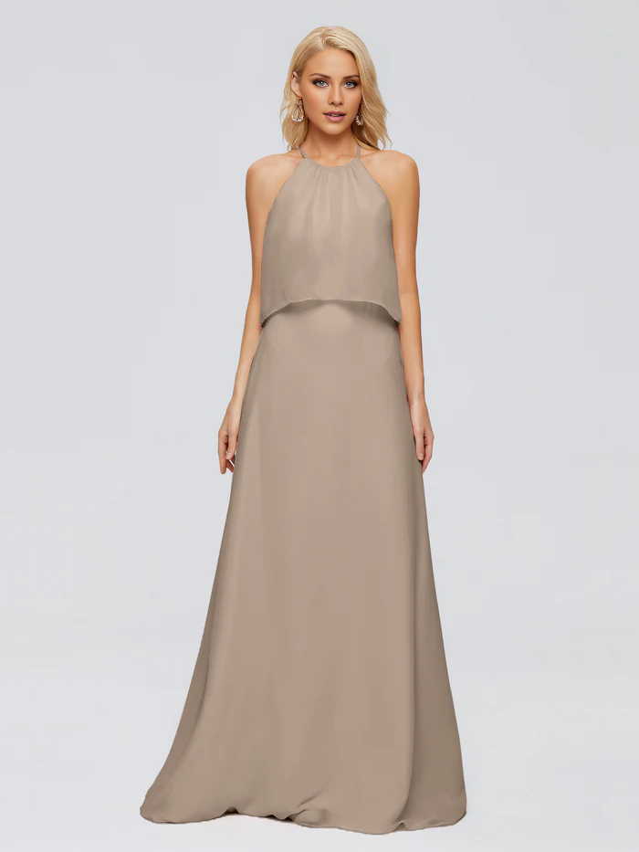 Post neck chiffon and floor length bridesmaid dress