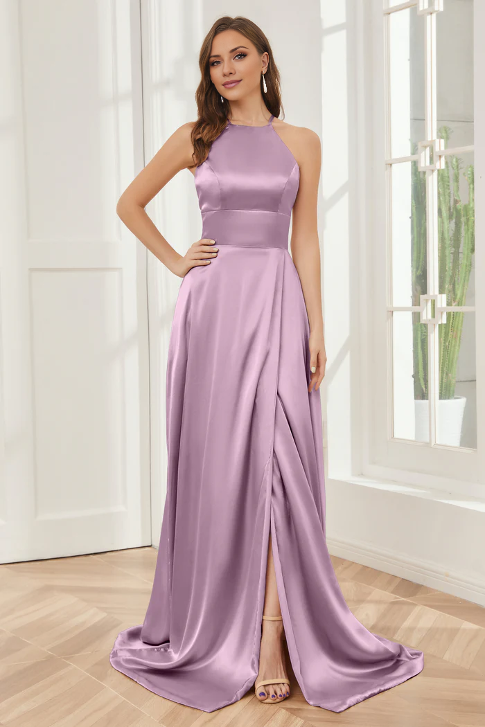 Column neck hanging soft satin and floor length bridesmaid dress