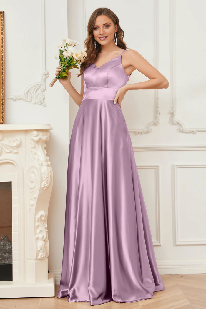 Thin shoulder strap V-neck soft satin and floor length bridesmaid dress
