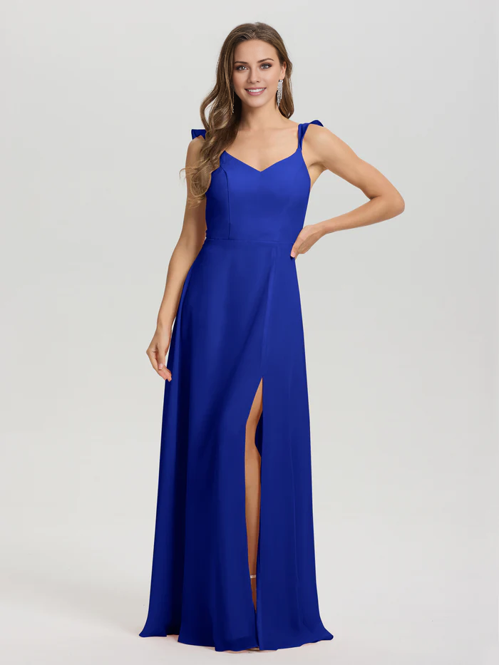 V-neck shoulder strap tied chiffon slit and floor length bridesmaid dress